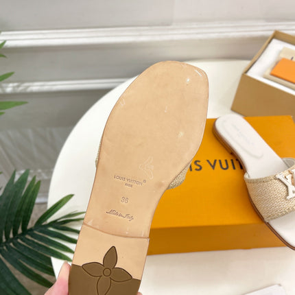 LV WOMEN CAPRI FLAT MULES IN BEIGE LEATHER AND RAFFIA