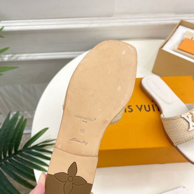 LV WOMEN CAPRI FLAT MULES IN BEIGE LEATHER AND RAFFIA