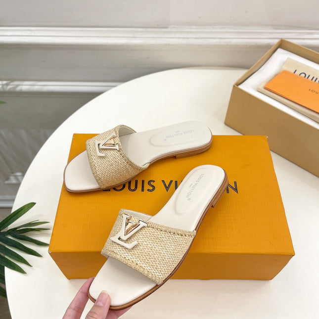 LV WOMEN CAPRI FLAT MULES IN BEIGE LEATHER AND RAFFIA