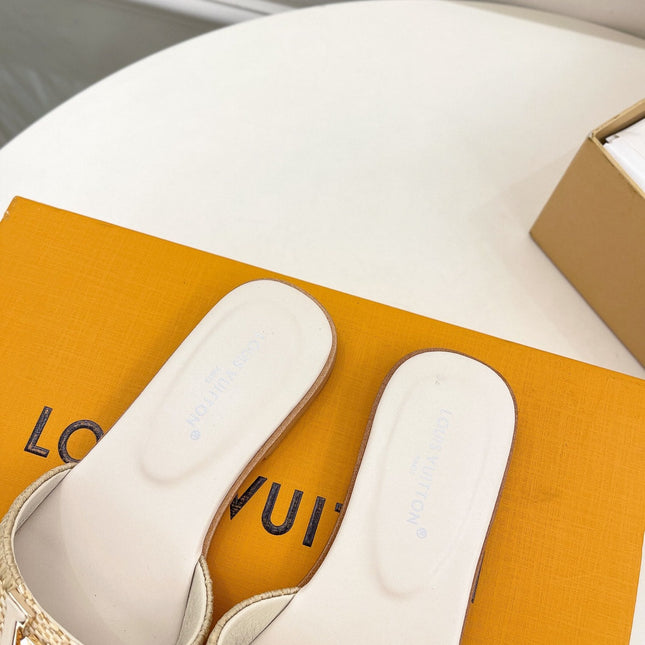 LV WOMEN CAPRI FLAT MULES IN BEIGE LEATHER AND RAFFIA