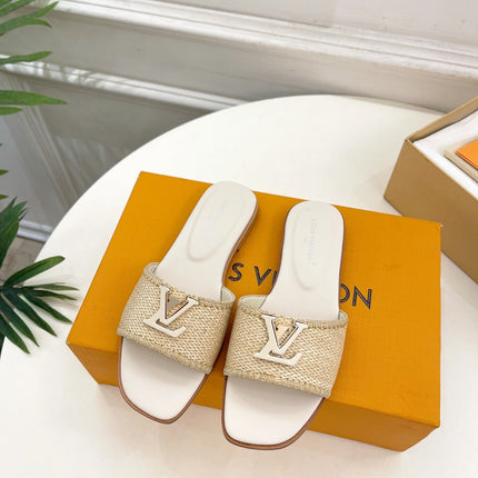 LV WOMEN CAPRI FLAT MULES IN BEIGE LEATHER AND RAFFIA