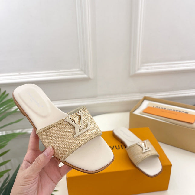 LV WOMEN CAPRI FLAT MULES IN BEIGE LEATHER AND RAFFIA