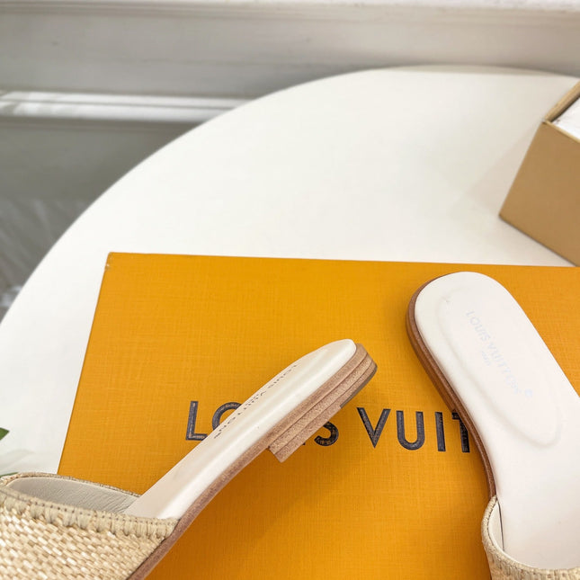 LV WOMEN CAPRI FLAT MULES IN BEIGE LEATHER AND RAFFIA