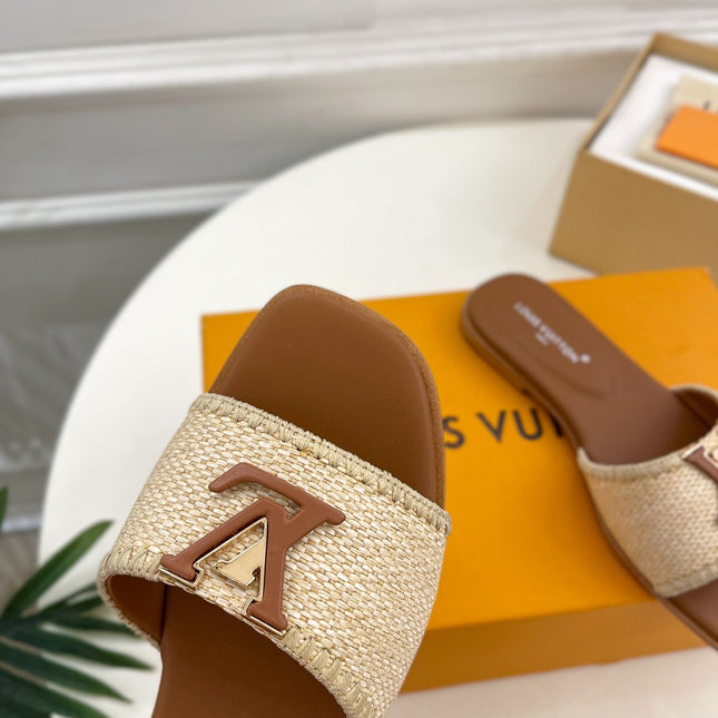 LV WOMEN CAPRI FLAT MULES IN CHOCOLATE BROWN LEATHER AND RAFFIA