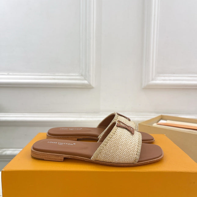 LV WOMEN CAPRI FLAT MULES IN CHOCOLATE BROWN LEATHER AND RAFFIA