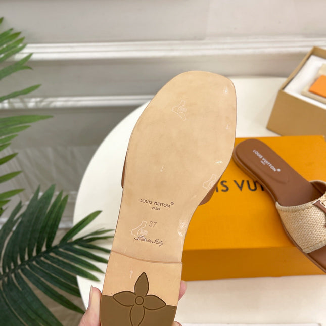 LV WOMEN CAPRI FLAT MULES IN CHOCOLATE BROWN LEATHER AND RAFFIA