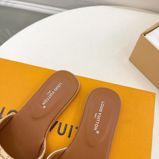 LV WOMEN CAPRI FLAT MULES IN CHOCOLATE BROWN LEATHER AND RAFFIA