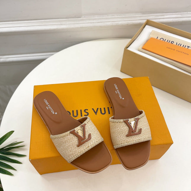 LV WOMEN CAPRI FLAT MULES IN CHOCOLATE BROWN LEATHER AND RAFFIA