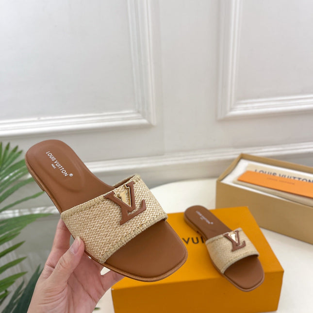 LV WOMEN CAPRI FLAT MULES IN CHOCOLATE BROWN LEATHER AND RAFFIA