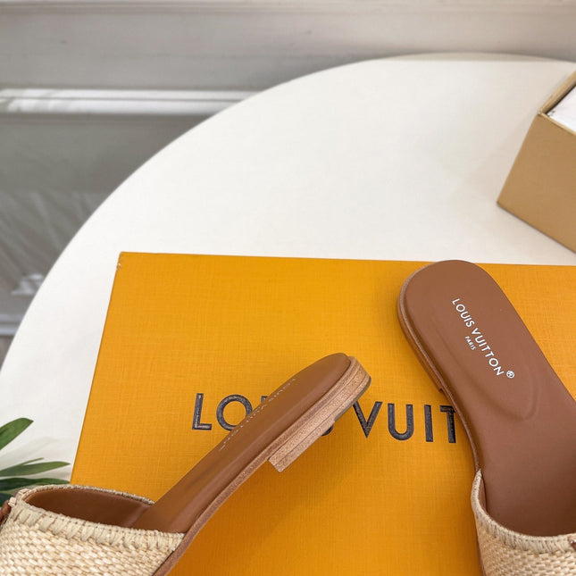 LV WOMEN CAPRI FLAT MULES IN CHOCOLATE BROWN LEATHER AND RAFFIA