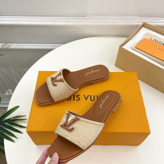 LV WOMEN CAPRI FLAT MULES IN CHOCOLATE BROWN LEATHER AND RAFFIA