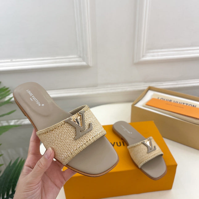 LV WOMEN CAPRI FLAT MULES IN TAN BROWN LEATHER AND RAFFIA