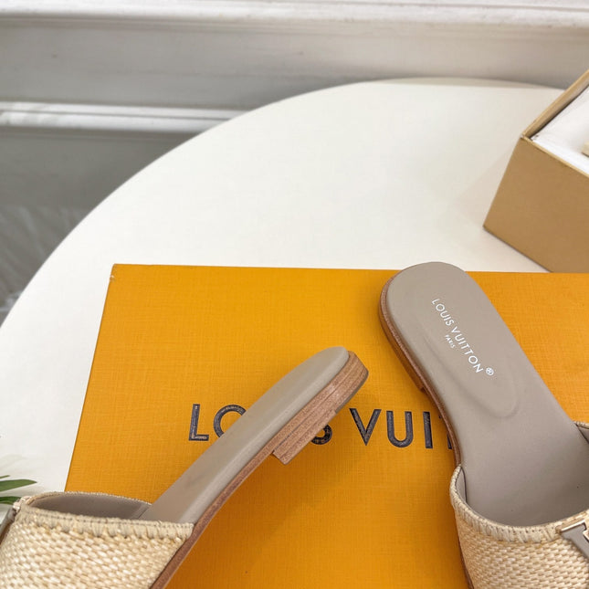 LV WOMEN CAPRI FLAT MULES IN TAN BROWN LEATHER AND RAFFIA
