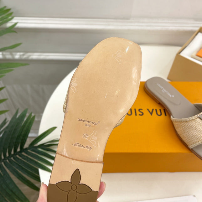 LV WOMEN CAPRI FLAT MULES IN TAN BROWN LEATHER AND RAFFIA