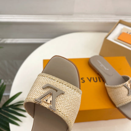 LV WOMEN CAPRI FLAT MULES IN TAN BROWN LEATHER AND RAFFIA