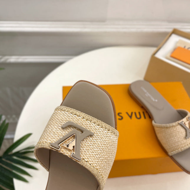 LV WOMEN CAPRI FLAT MULES IN TAN BROWN LEATHER AND RAFFIA