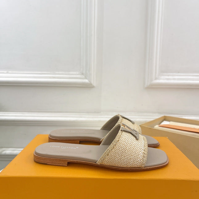 LV WOMEN CAPRI FLAT MULES IN TAN BROWN LEATHER AND RAFFIA