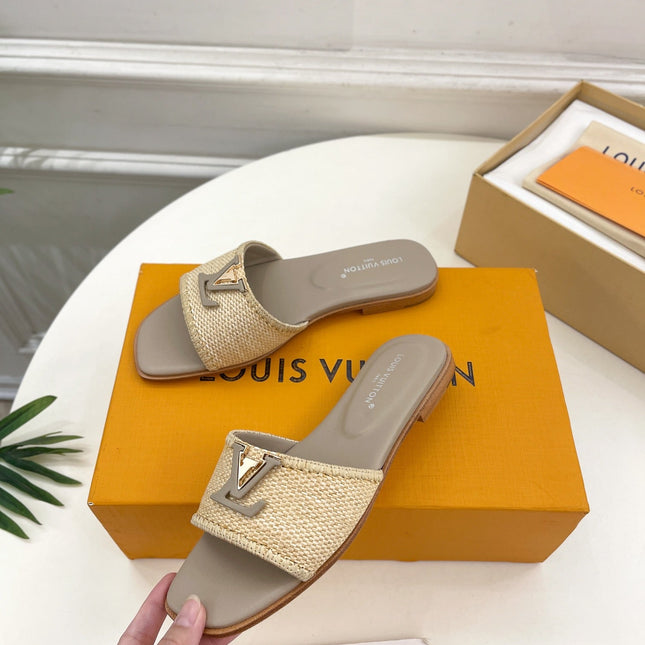LV WOMEN CAPRI FLAT MULES IN TAN BROWN LEATHER AND RAFFIA