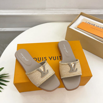 LV WOMEN CAPRI FLAT MULES IN TAN BROWN LEATHER AND RAFFIA