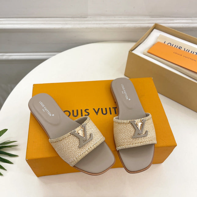 LV WOMEN CAPRI FLAT MULES IN TAN BROWN LEATHER AND RAFFIA
