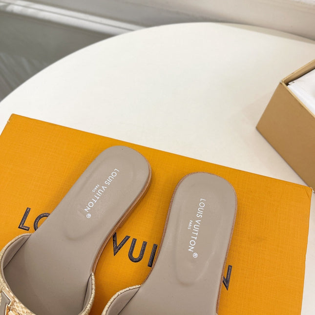 LV WOMEN CAPRI FLAT MULES IN TAN BROWN LEATHER AND RAFFIA
