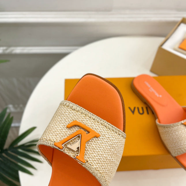 LV WOMEN CAPRI FLAT MULES IN TIGER ORANGE LEATHER AND RAFFIA