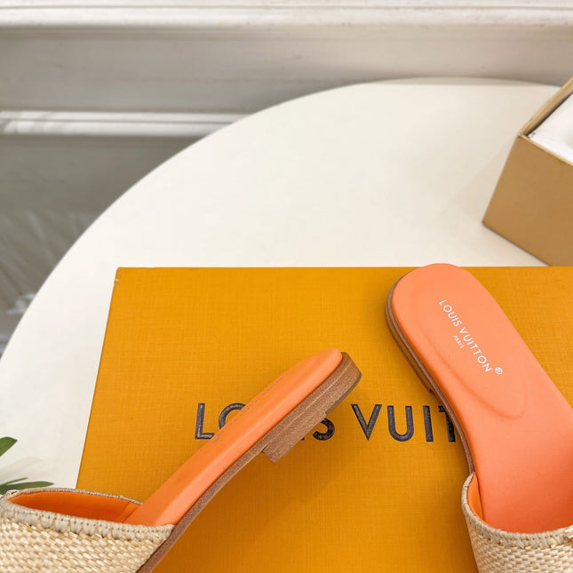 LV WOMEN CAPRI FLAT MULES IN TIGER ORANGE LEATHER AND RAFFIA
