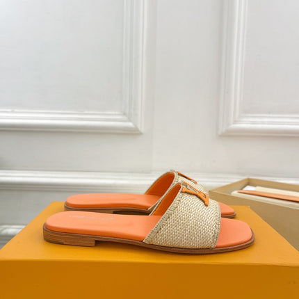 LV WOMEN CAPRI FLAT MULES IN TIGER ORANGE LEATHER AND RAFFIA