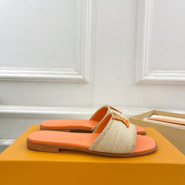LV WOMEN CAPRI FLAT MULES IN TIGER ORANGE LEATHER AND RAFFIA