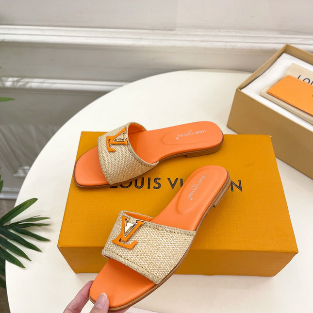 LV WOMEN CAPRI FLAT MULES IN TIGER ORANGE LEATHER AND RAFFIA