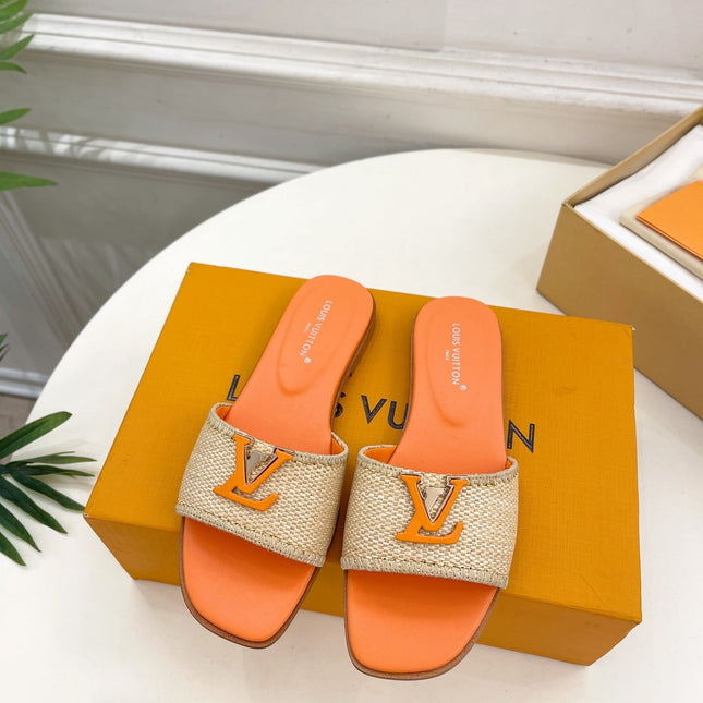 LV WOMEN CAPRI FLAT MULES IN TIGER ORANGE LEATHER AND RAFFIA