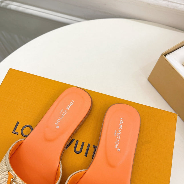 LV WOMEN CAPRI FLAT MULES IN TIGER ORANGE LEATHER AND RAFFIA