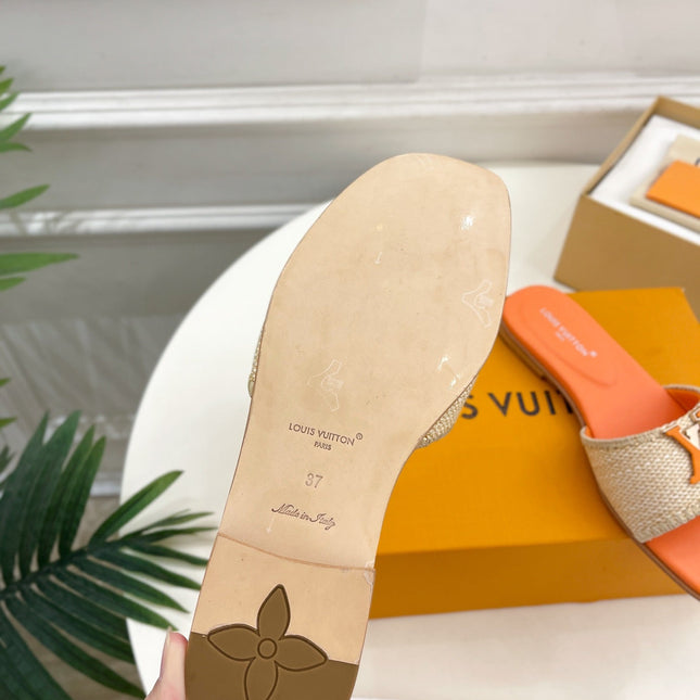 LV WOMEN CAPRI FLAT MULES IN TIGER ORANGE LEATHER AND RAFFIA