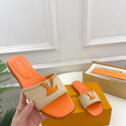 LV WOMEN CAPRI FLAT MULES IN TIGER ORANGE LEATHER AND RAFFIA