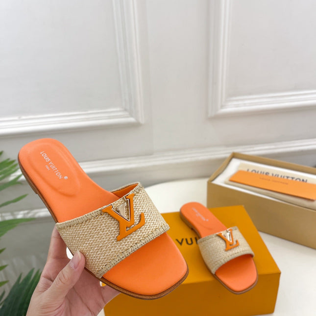 LV WOMEN CAPRI FLAT MULES IN TIGER ORANGE LEATHER AND RAFFIA