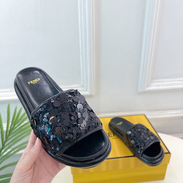 FENDI THICK SOLE 3 CM SEQUIN SLIPPER BLACK