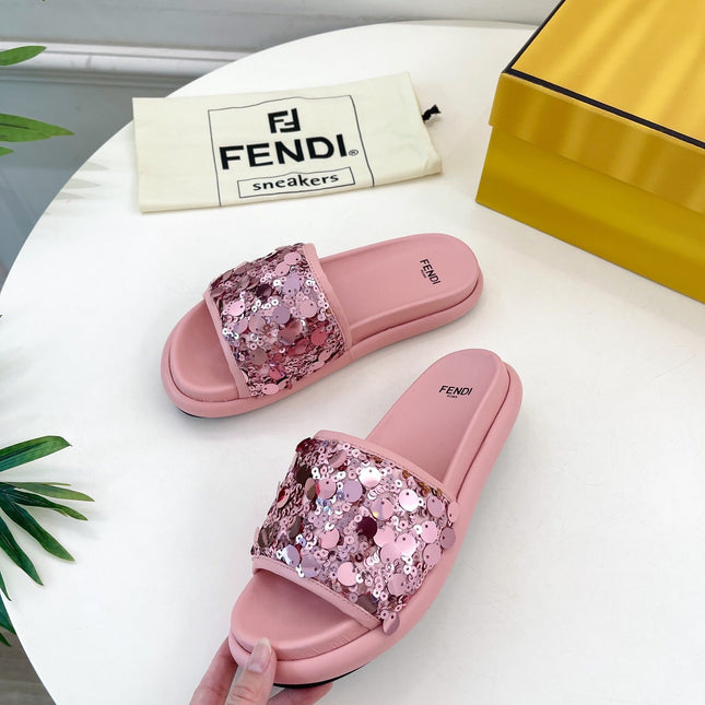 FENDI THICK SOLE 3 CM SEQUIN SLIPPER ROUGH PINK