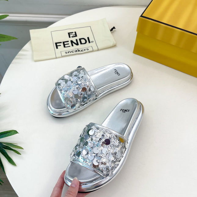 FENDI THICK SOLE 3 CM SEQUIN SLIPPER SILVER