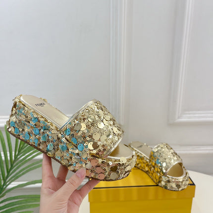 FENDI THICK SOLE 6 CM SEQUIN SLIPPER GOLD