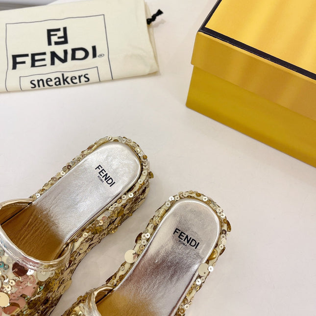 FENDI THICK SOLE 6 CM SEQUIN SLIPPER GOLD