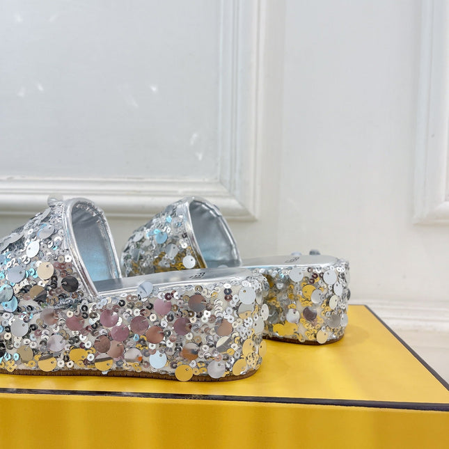 FENDI THICK SOLE 6 CM SEQUIN SLIPPER SILVER