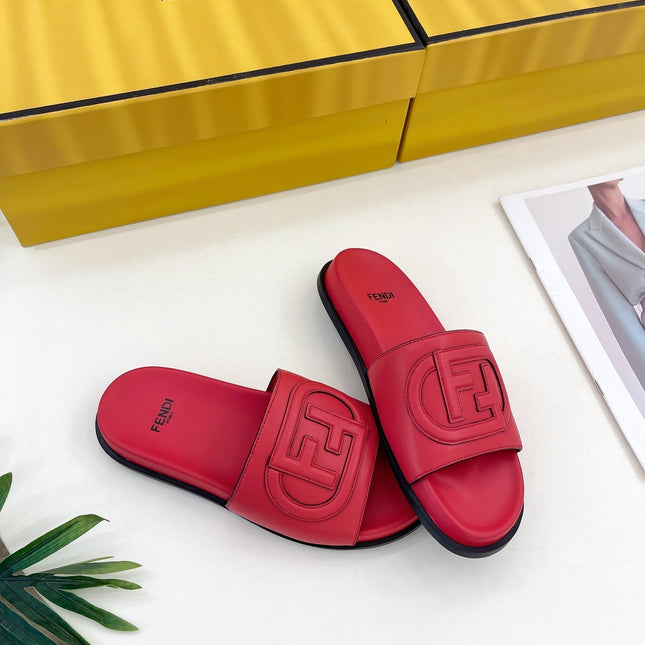 FENDI LOGO SLIDES IN CHERRY RED CALFSKIN