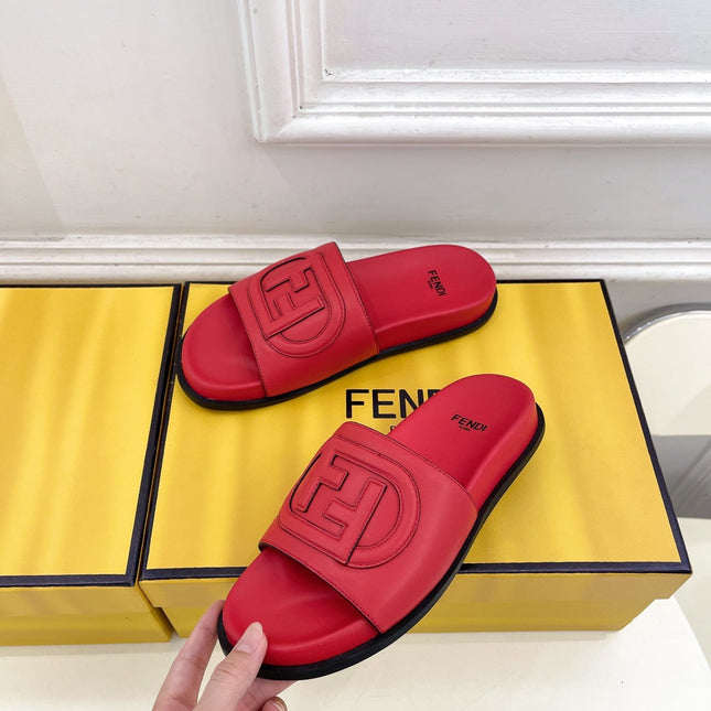 FENDI LOGO SLIDES IN CHERRY RED CALFSKIN