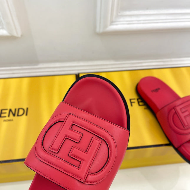 FENDI LOGO SLIDES IN CHERRY RED CALFSKIN