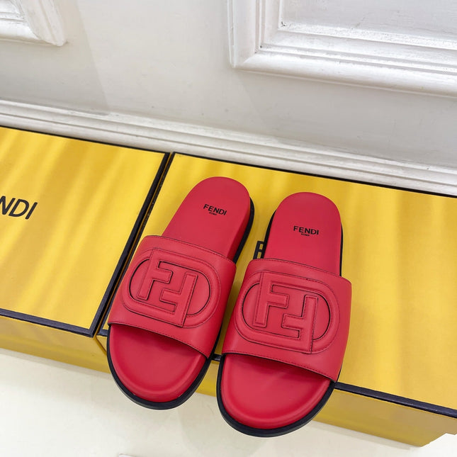 FENDI LOGO SLIDES IN CHERRY RED CALFSKIN