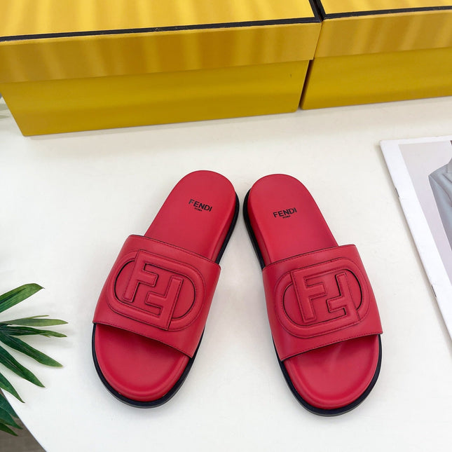 FENDI LOGO SLIDES IN CHERRY RED CALFSKIN