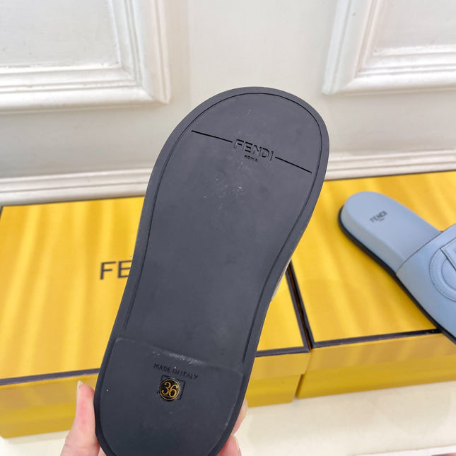 FENDI LOGO SLIDES IN BLUE POWDER CALFSKIN