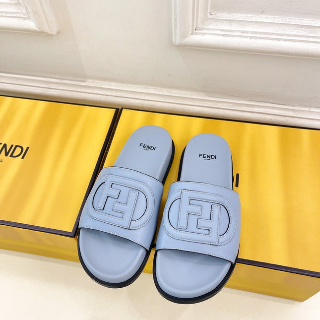FENDI LOGO SLIDES IN BLUE POWDER CALFSKIN