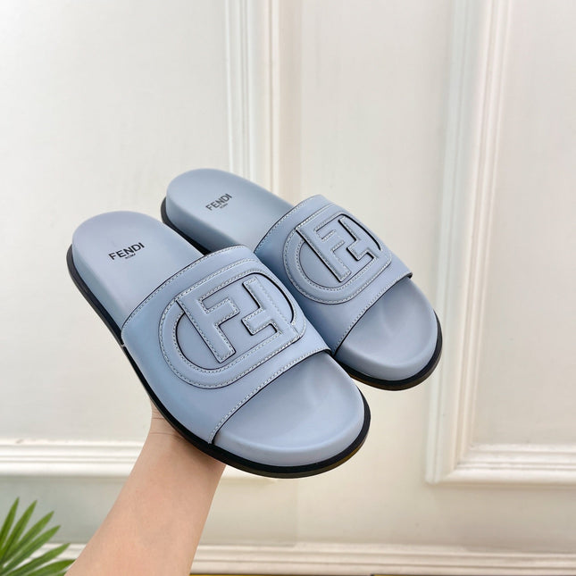 FENDI LOGO SLIDES IN BLUE POWDER CALFSKIN