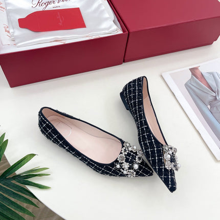 EFFLORESCENCE BALLERINAS IN BLACK TWEED WITH FINE WHITE STRIPES EMBELLISHED CRYSTALS